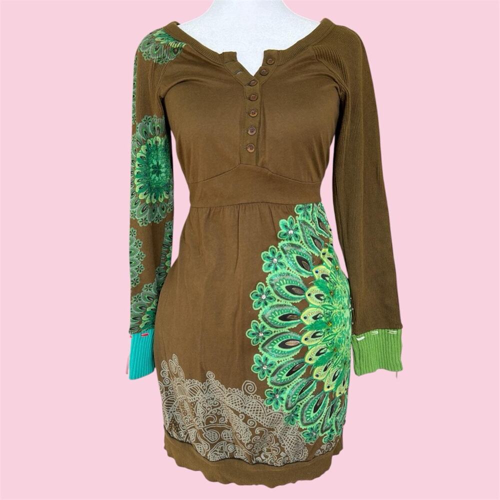 Desigual brown dress with green floral and paisley print and beaded details